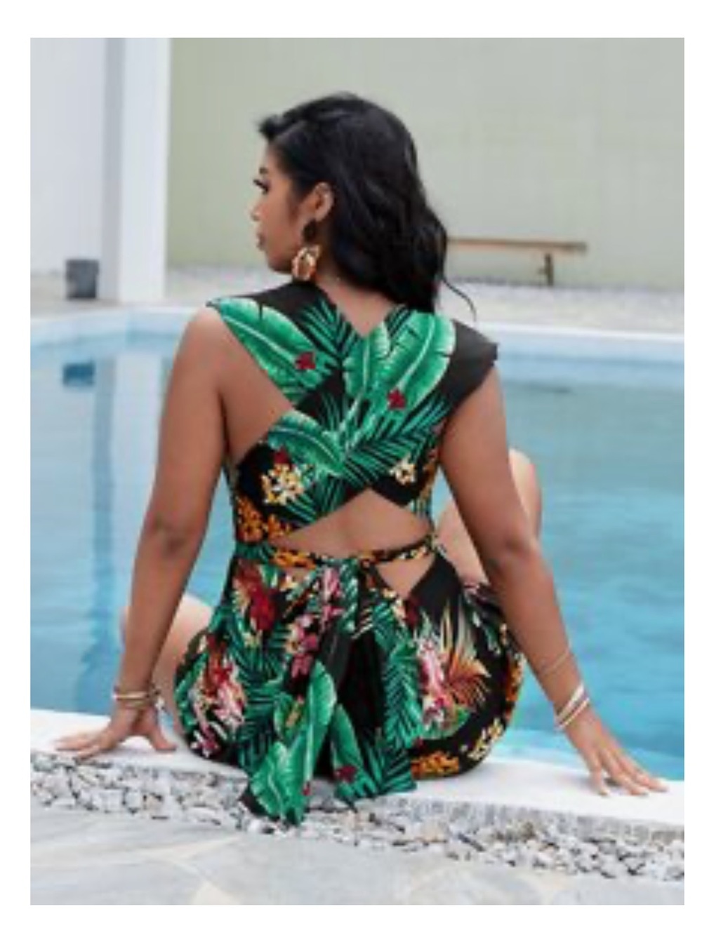 Tropical Cutout Shorts Romper - Black with Green Leaf Print 1X